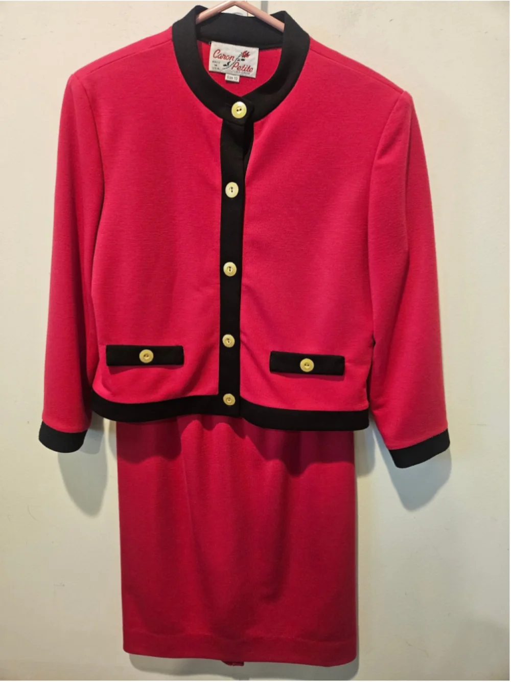 Women's Caron Petite Vintage Skirt Suit Set Size 10 Hot Pink & Black